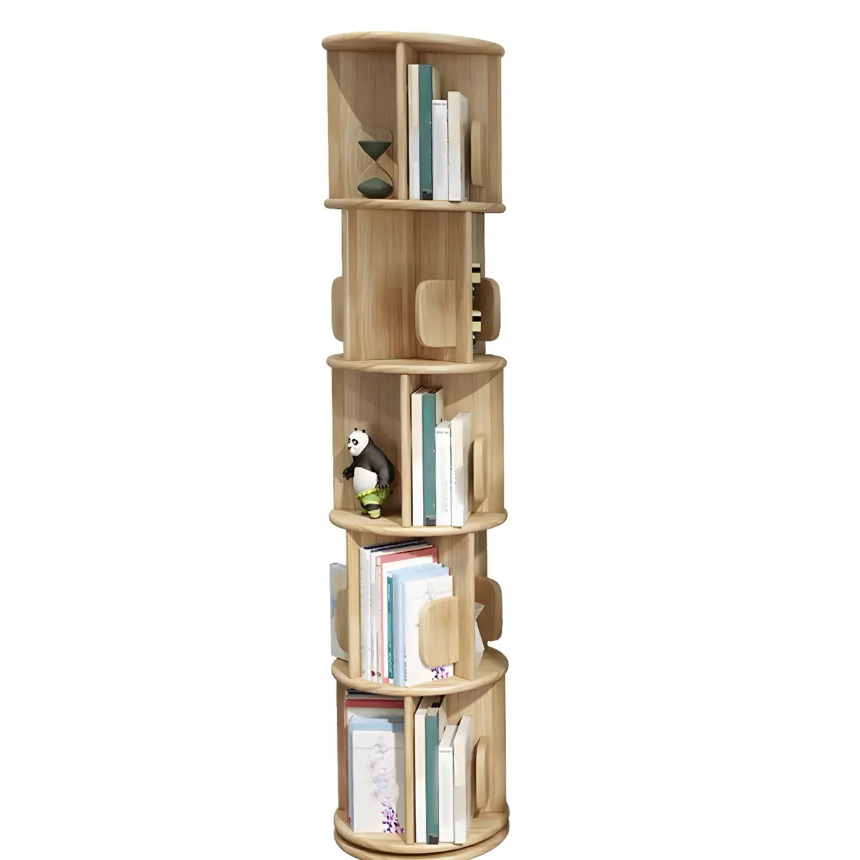Round Natural Rotating Wood Geometric Bookcase Image - 15