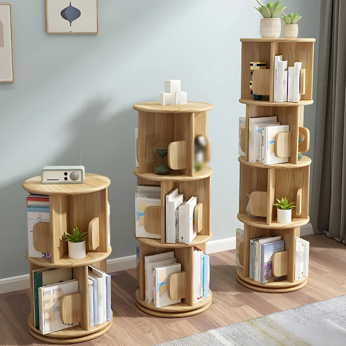 Round Natural Rotating Wood Geometric Bookcase Image - 1