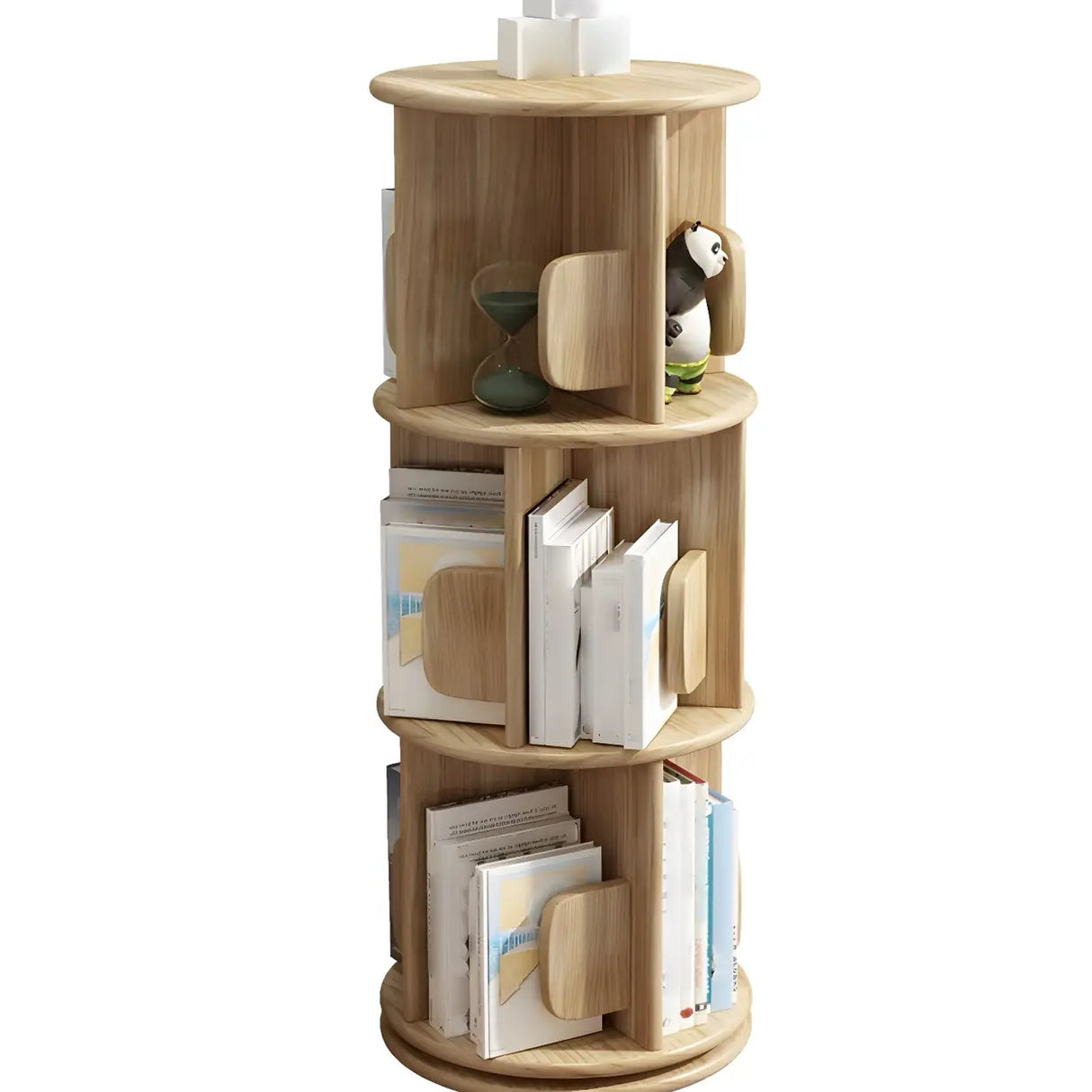 Round Natural Rotating Wood Geometric Bookcase Image - 2
