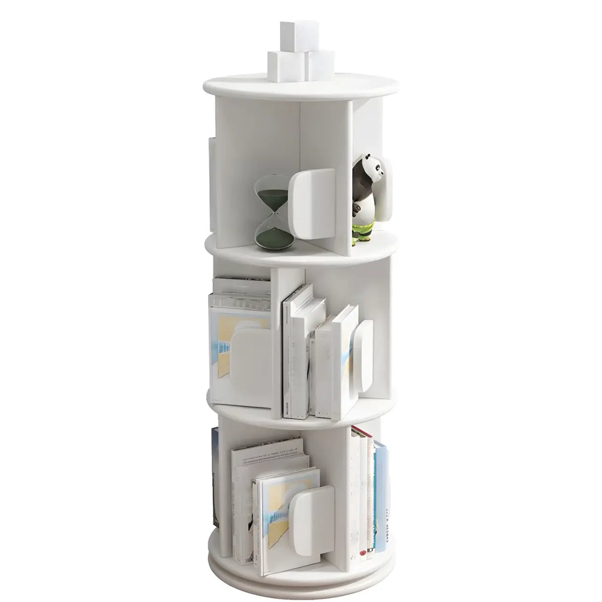 Round Natural Rotating Wood Geometric Bookcase Image - 3