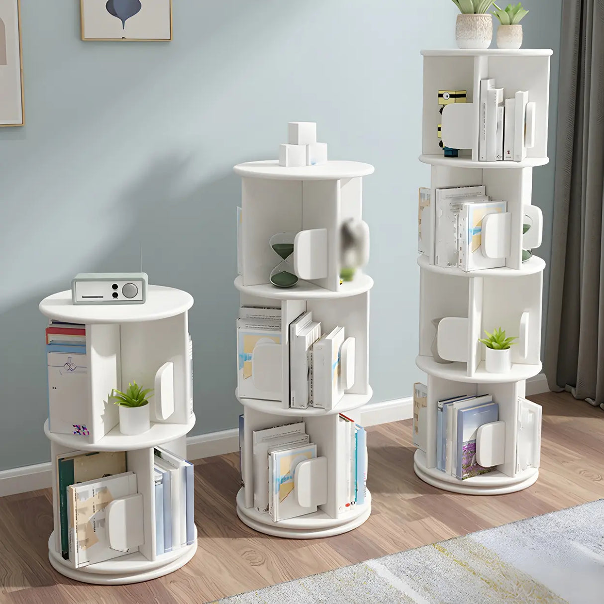 Round Natural Rotating Wood Geometric Bookcase Image - 4