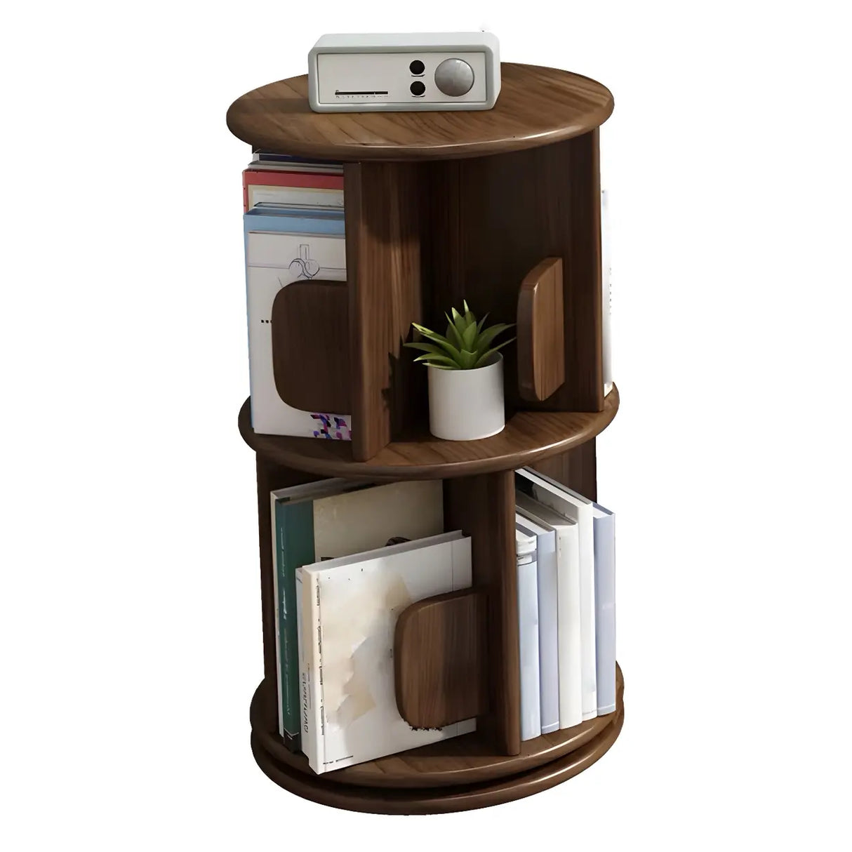 Round Natural Rotating Wood Geometric Bookcase Image - 5