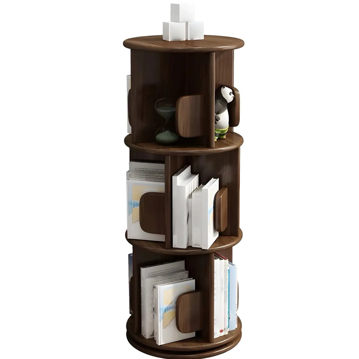 Round Natural Rotating Wood Geometric Bookcase Image - 7