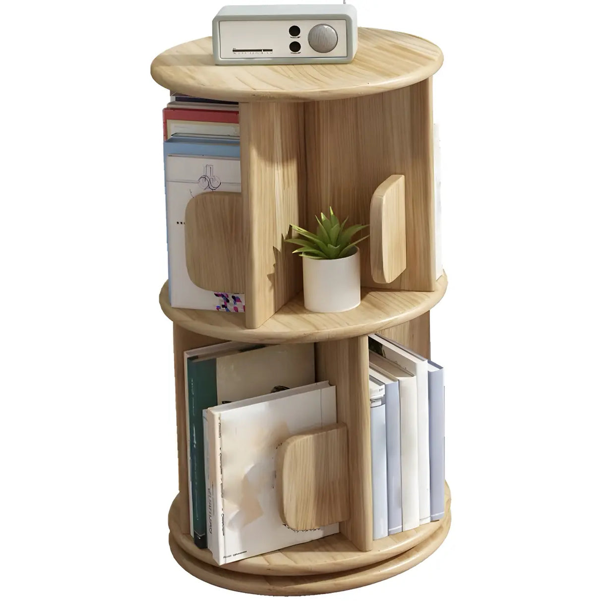 Round Natural Rotating Wood Geometric Bookcase Image - 9