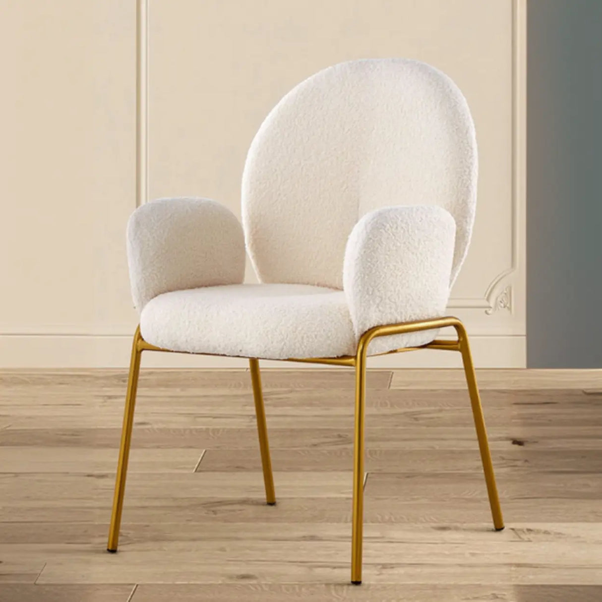 Round Sherpa Upholstered Metal Dining Chairs White Image - 9