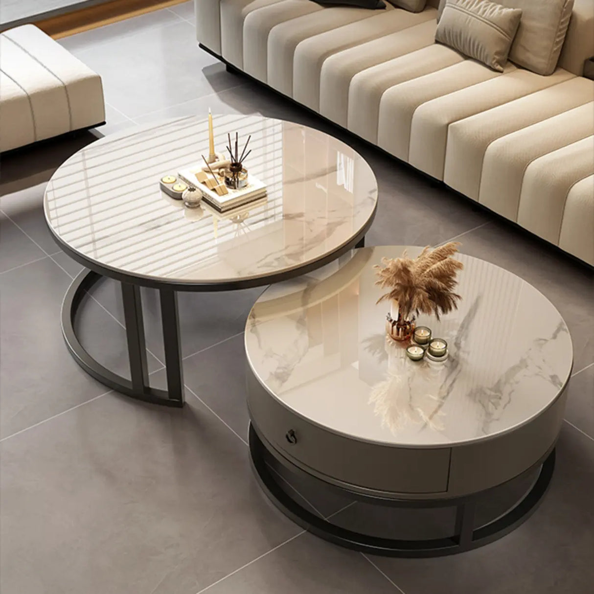 Round Stone Steel Frame Storage Nesting Coffee Tables Image - 10