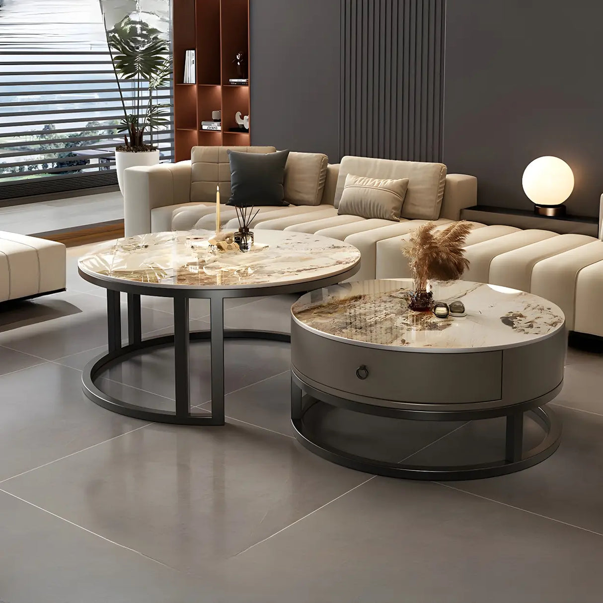 Round Stone Steel Frame Storage Nesting Coffee Tables Image - 11