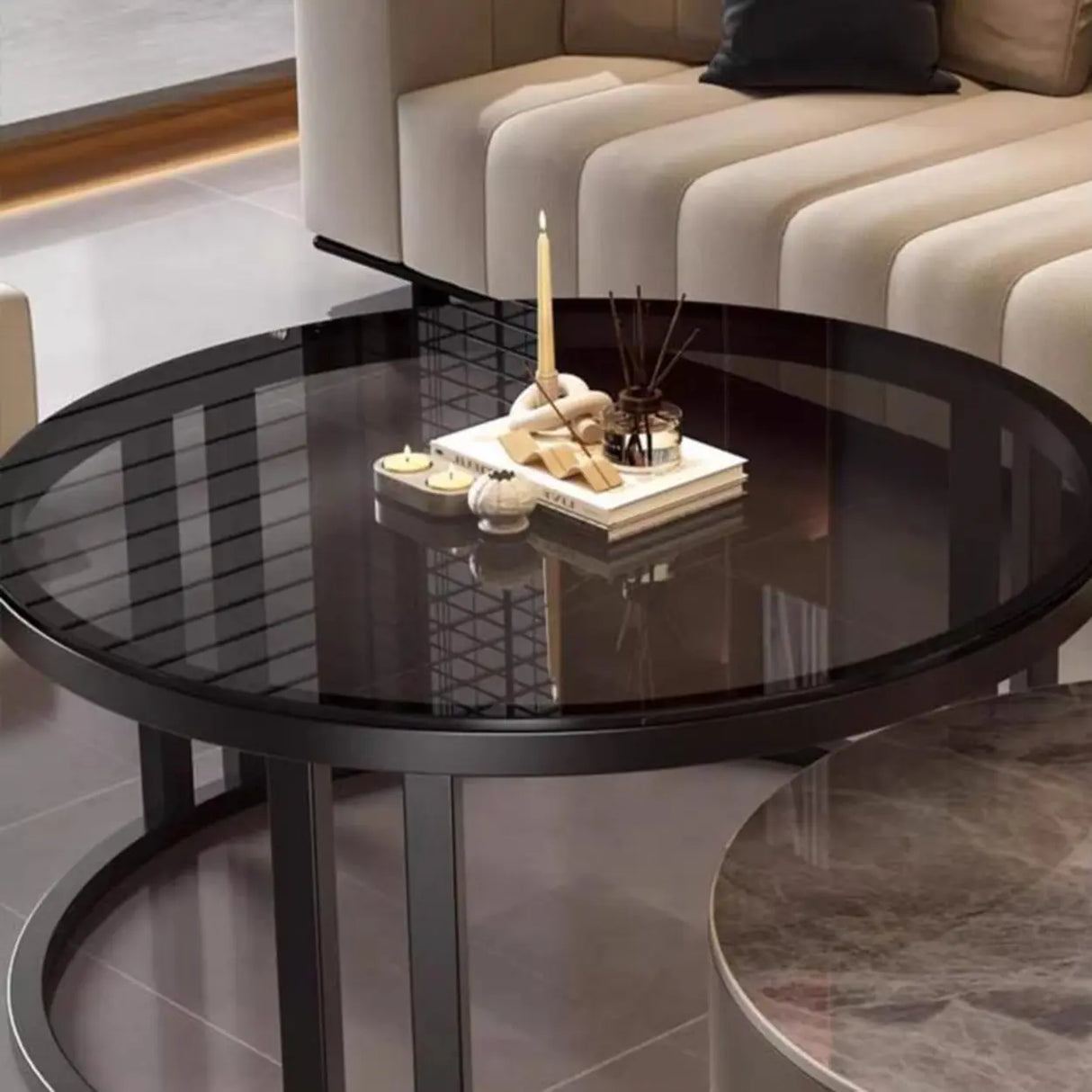 Round Stone Steel Frame Storage Nesting Coffee Tables Image - 12