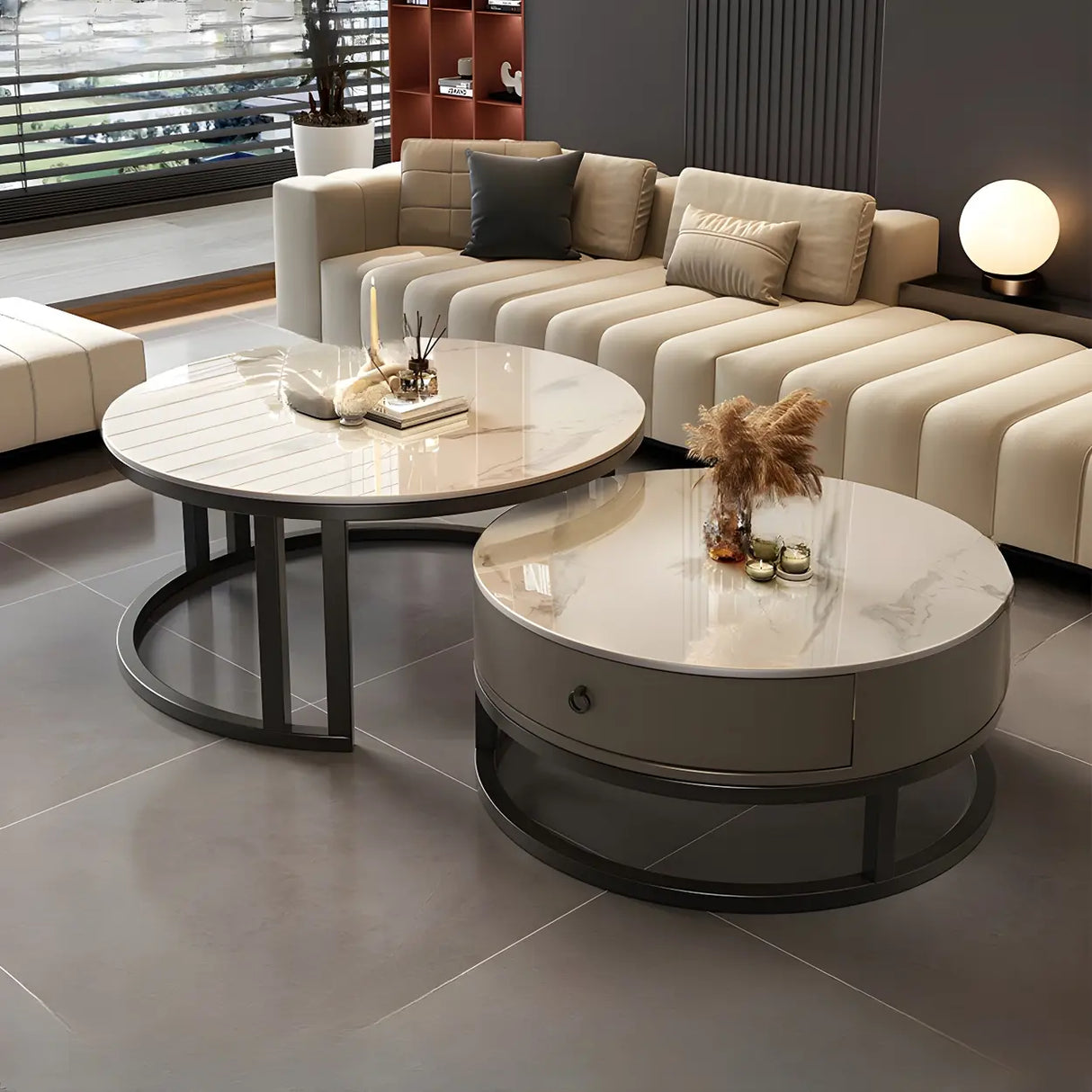 Round Stone Steel Frame Storage Nesting Coffee Tables Image - 13