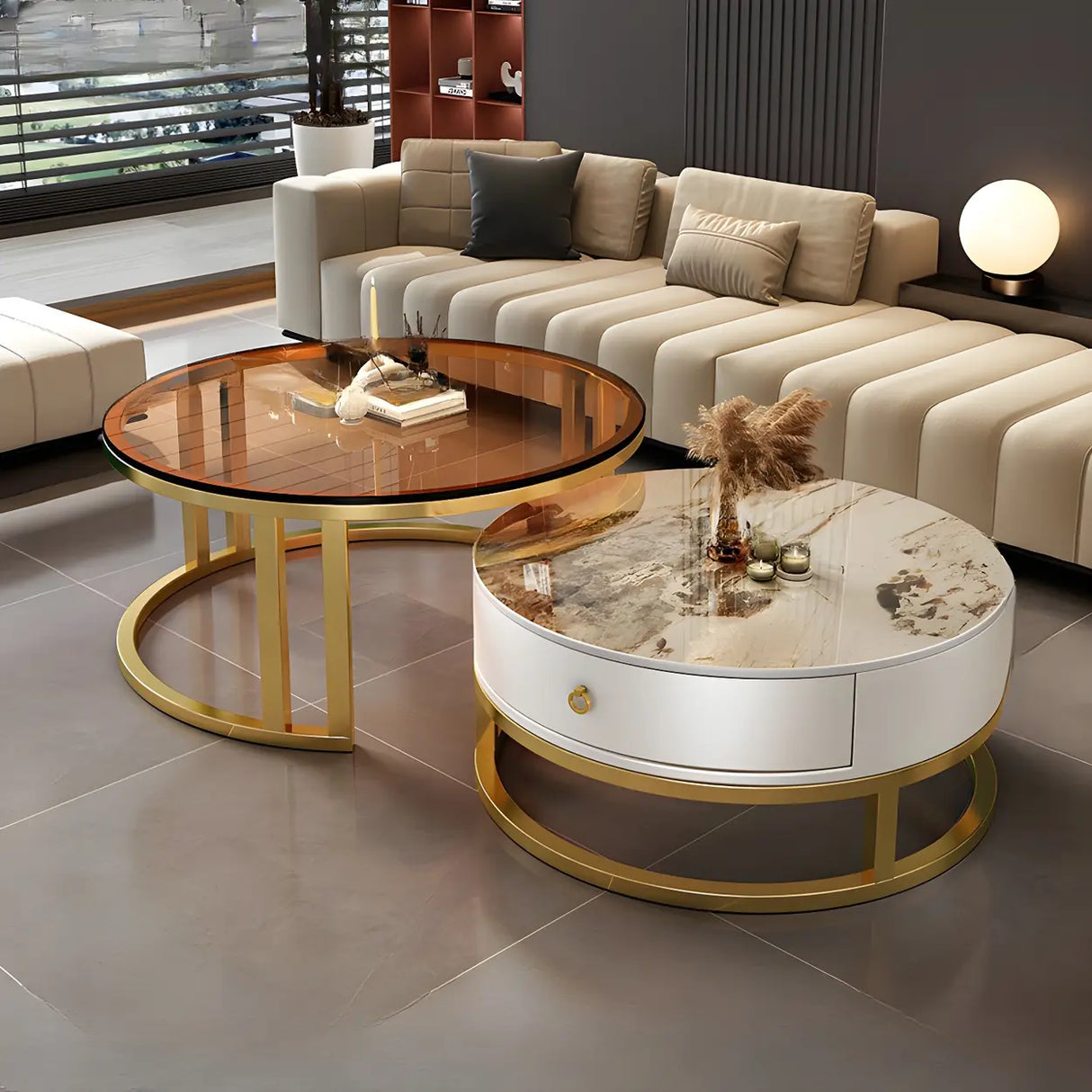 Round Stone Steel Frame Storage Nesting Coffee Tables Image - 15