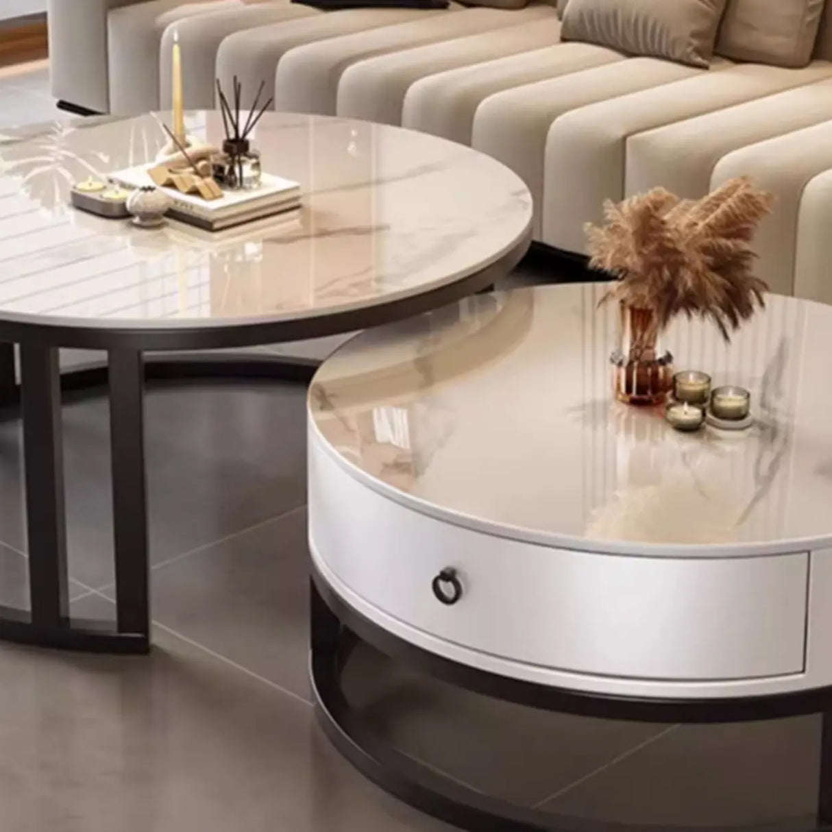 Round Stone Steel Frame Storage Nesting Coffee Tables Image - 16