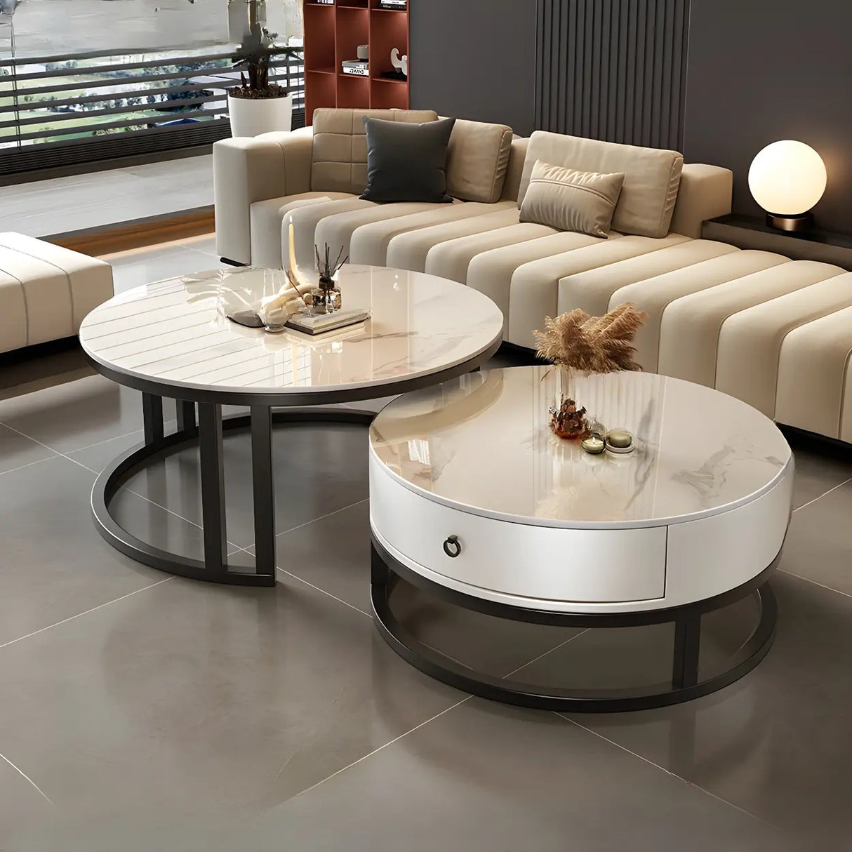 Round Stone Steel Frame Storage Nesting Coffee Tables Image - 17