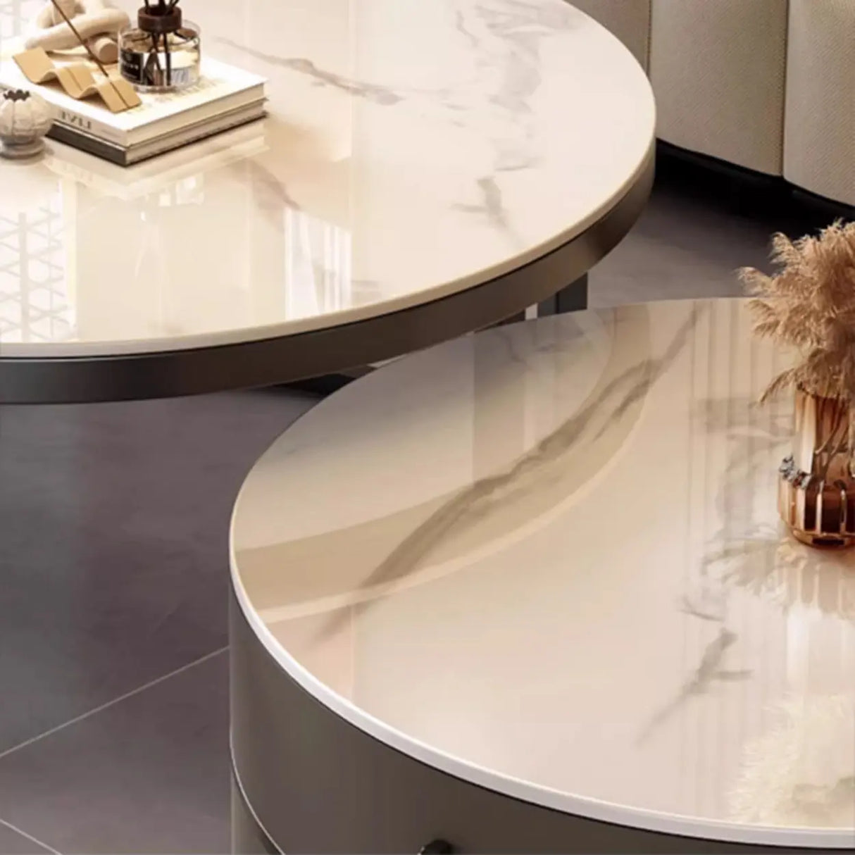 Round Stone Steel Frame Storage Nesting Coffee Tables Image - 18