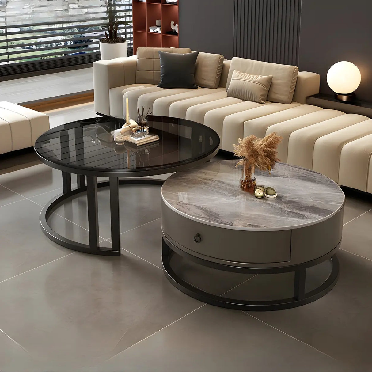 Round Stone Steel Frame Storage Nesting Coffee Tables Image - 19