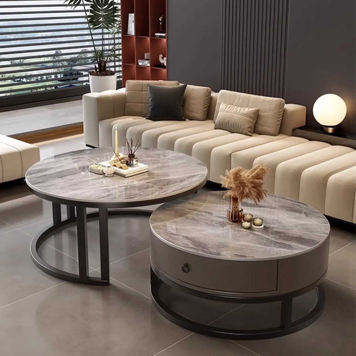 Round Stone Steel Frame Storage Nesting Coffee Tables Image - 1