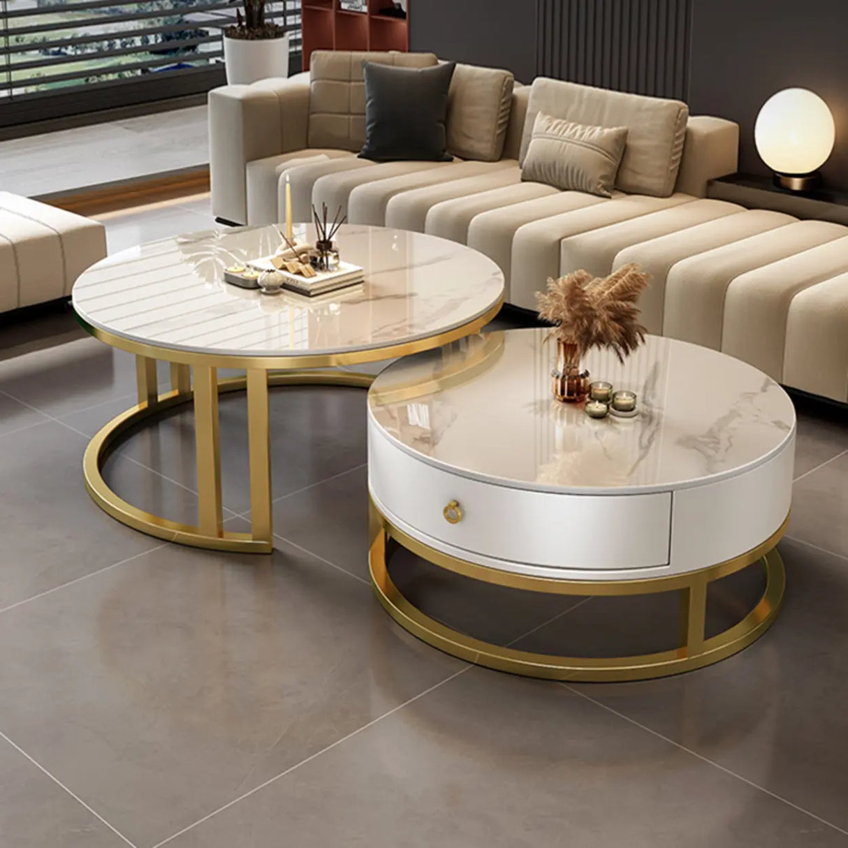 Round Stone Steel Frame Storage Nesting Coffee Tables Image - 20