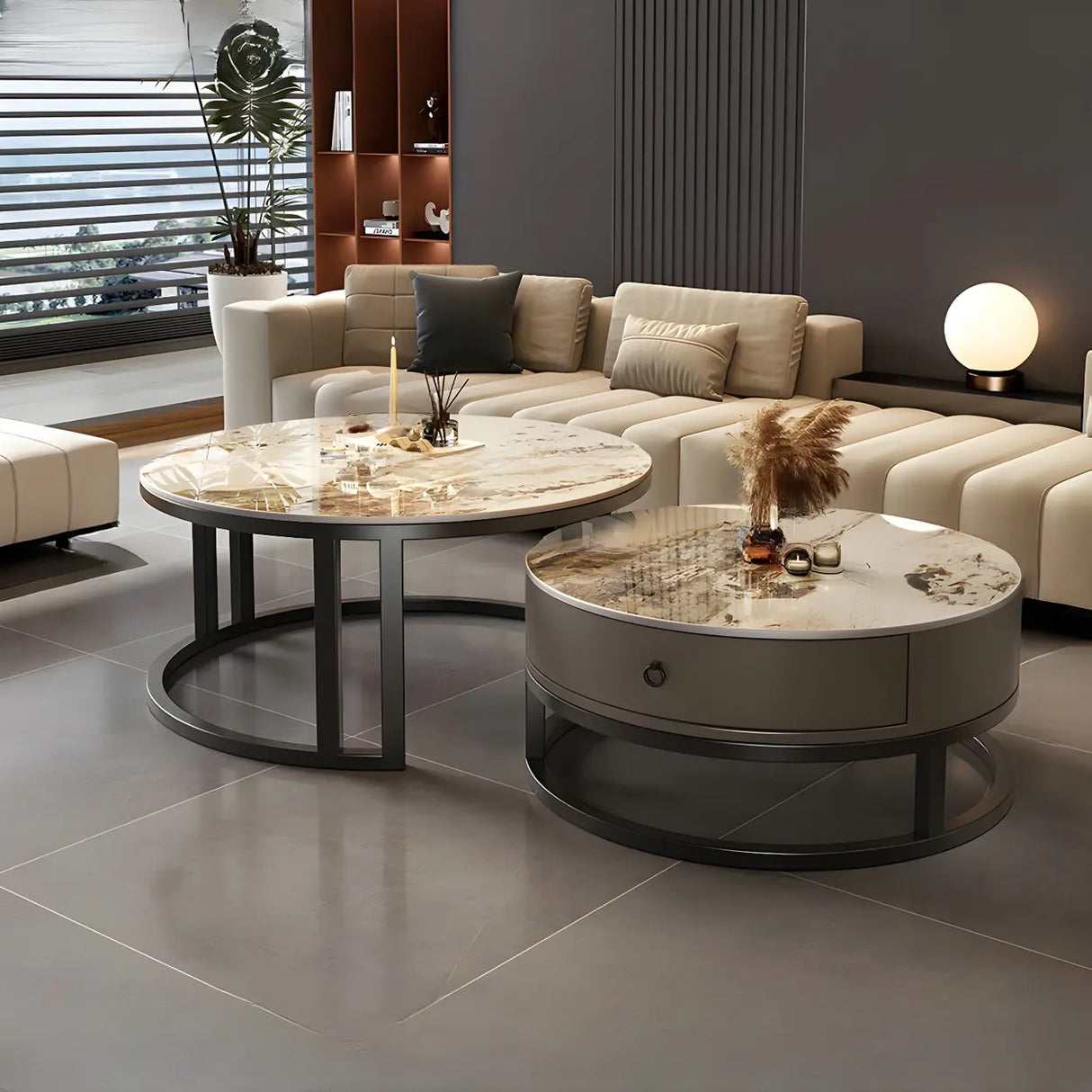 Round Stone Steel Frame Storage Nesting Coffee Tables Image - 22