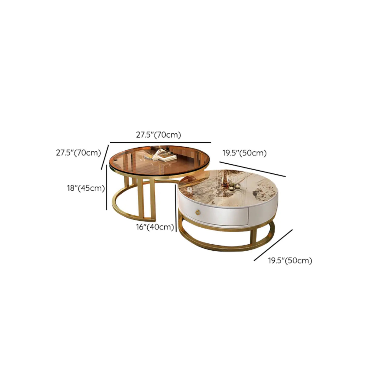 Round Stone Steel Frame Storage Nesting Coffee Tables Image - 24