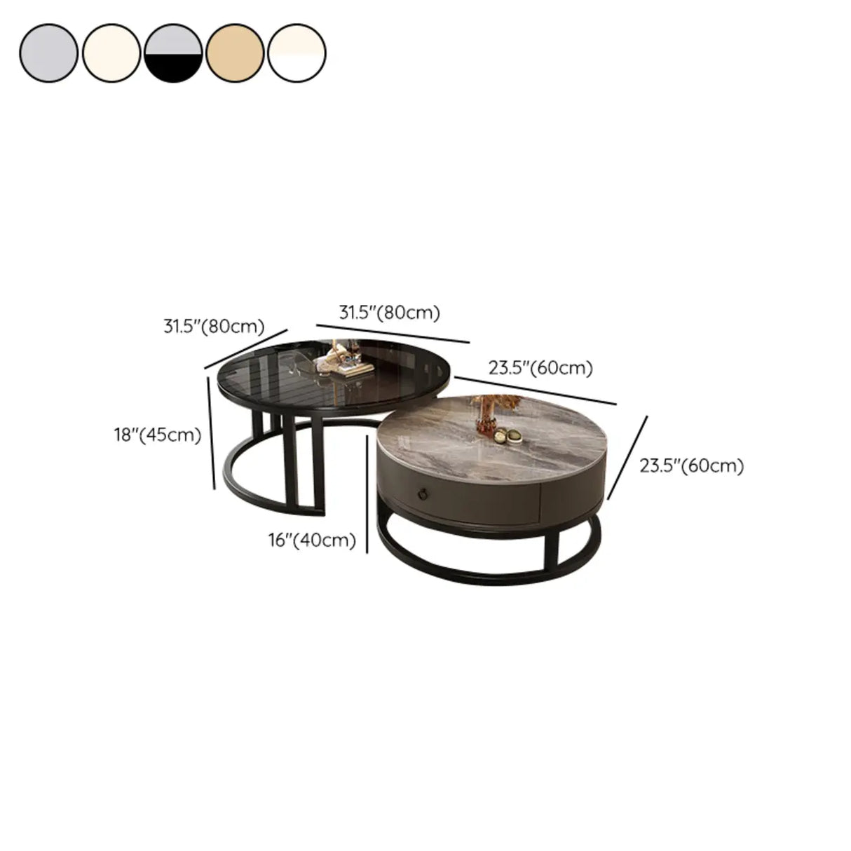 Round Stone Steel Frame Storage Nesting Coffee Tables Image - 25
