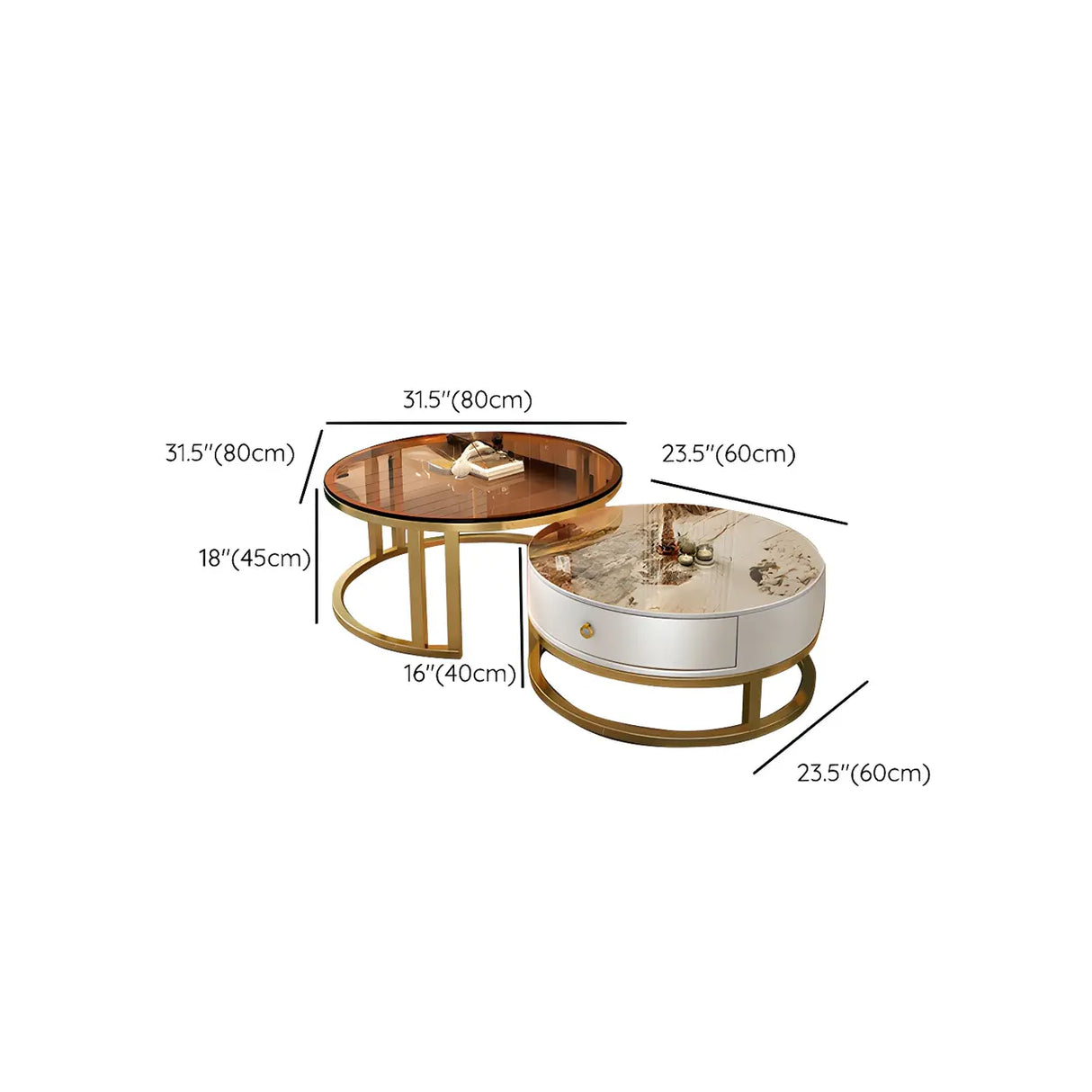 Round Stone Steel Frame Storage Nesting Coffee Tables Image - 26