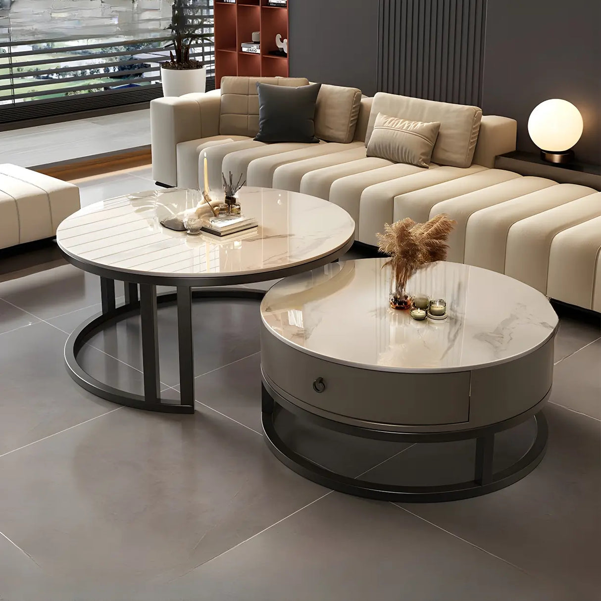 Round Stone Steel Frame Storage Nesting Coffee Tables Image - 2