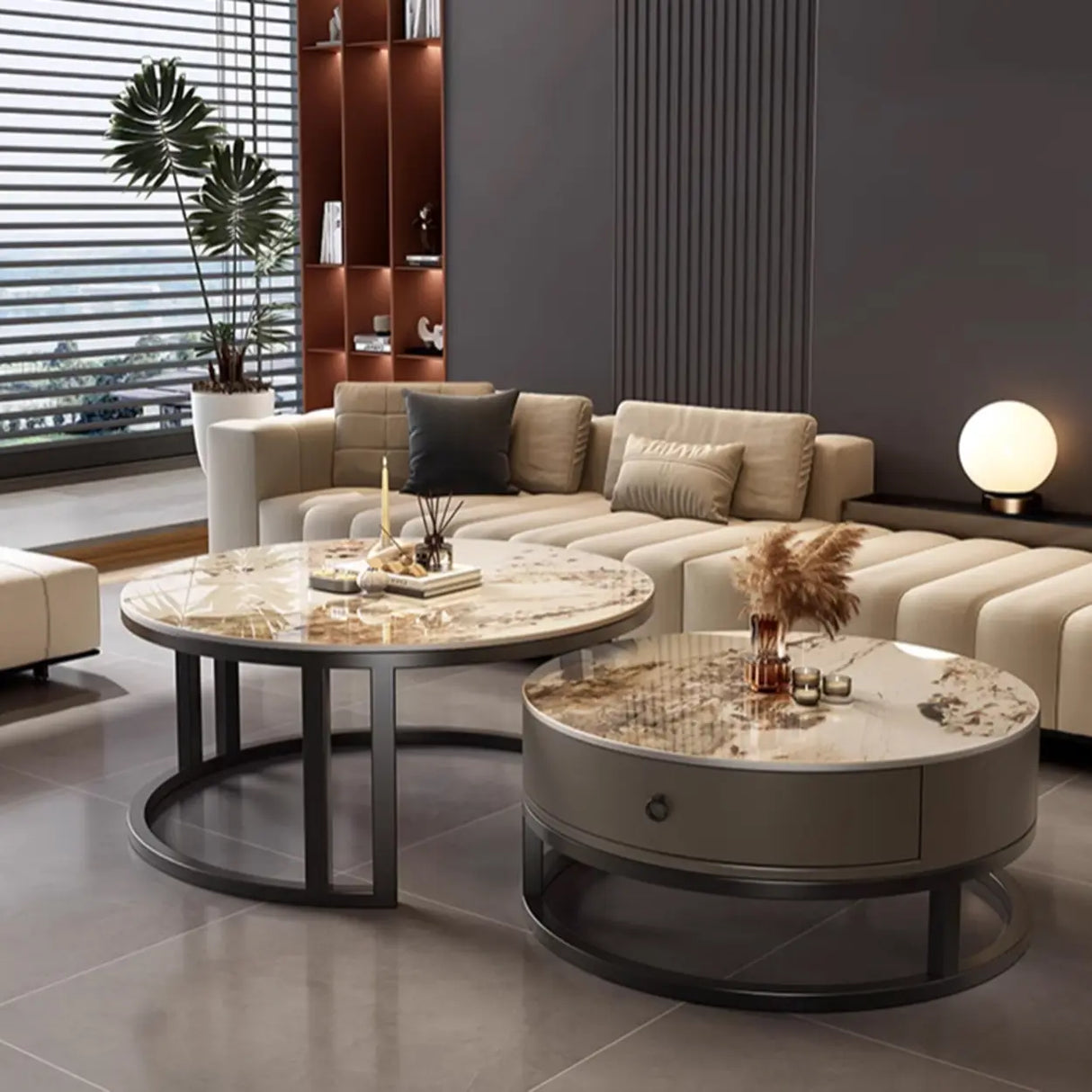 Round Stone Steel Frame Storage Nesting Coffee Tables Image - 3