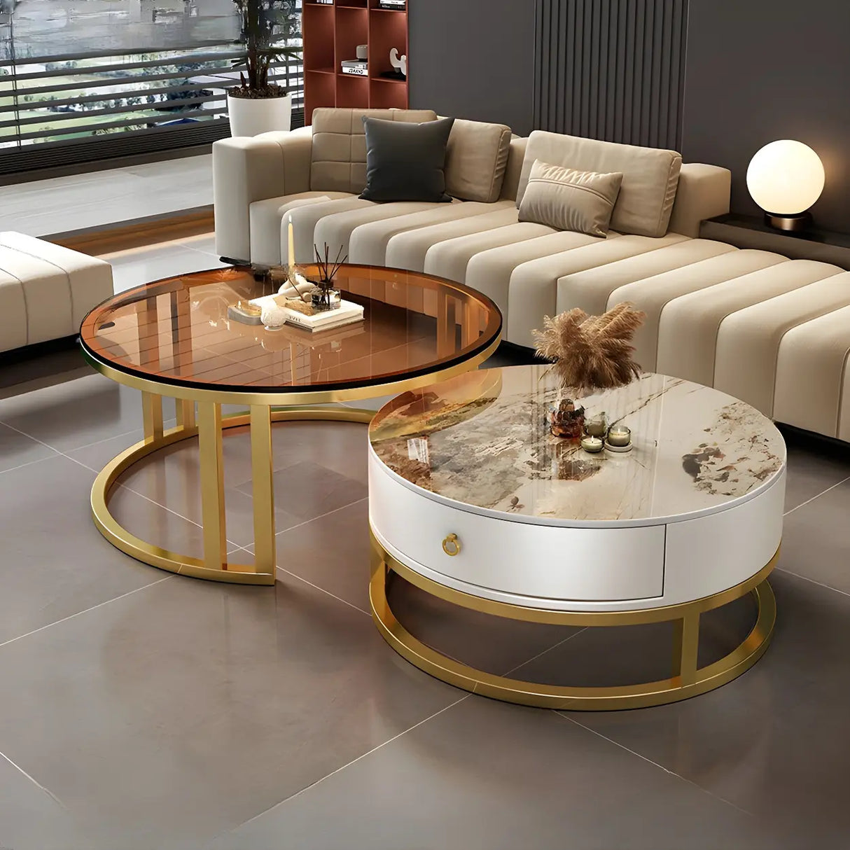 Round Stone Steel Frame Storage Nesting Coffee Tables Image - 4