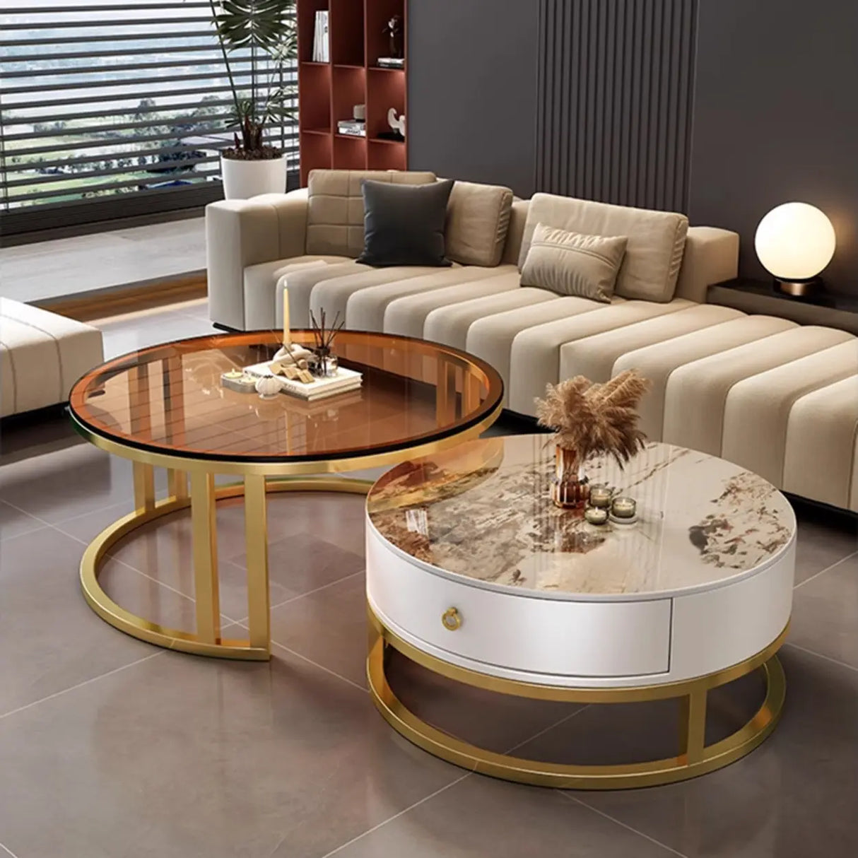 Round Stone Steel Frame Storage Nesting Coffee Tables Image - 5