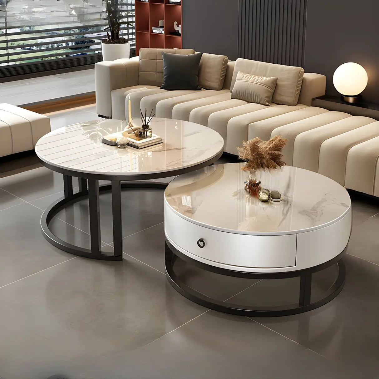 Round Stone Steel Frame Storage Nesting Coffee Tables Image - 6