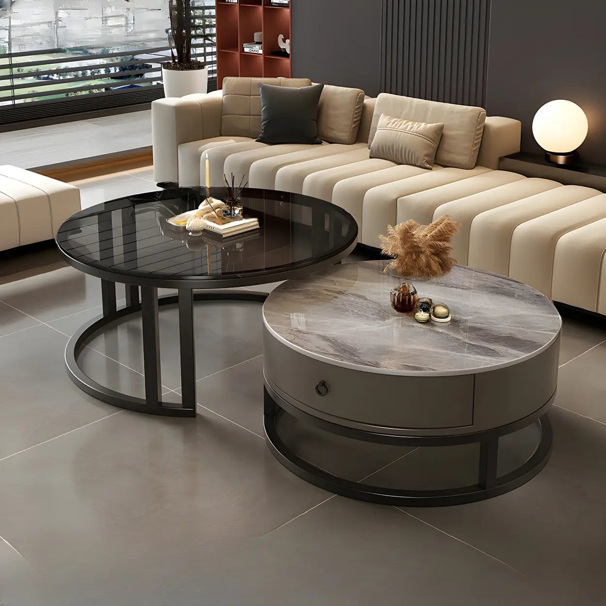 Round Stone Steel Frame Storage Nesting Coffee Tables Image - 7