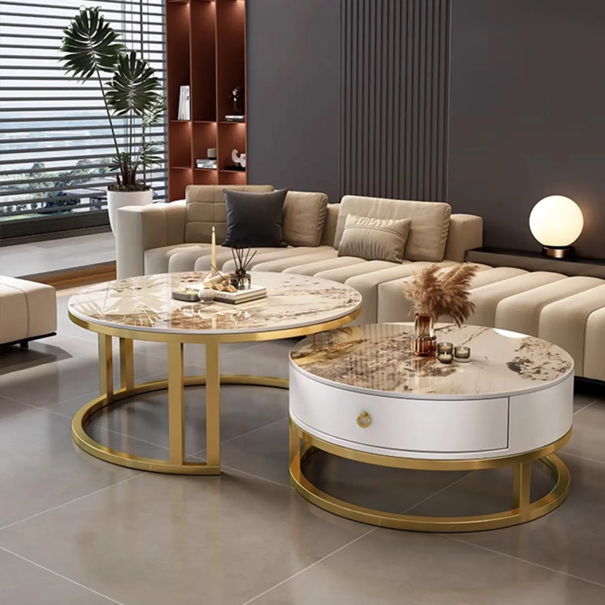 Round Stone Steel Frame Storage Nesting Coffee Tables Image - 8