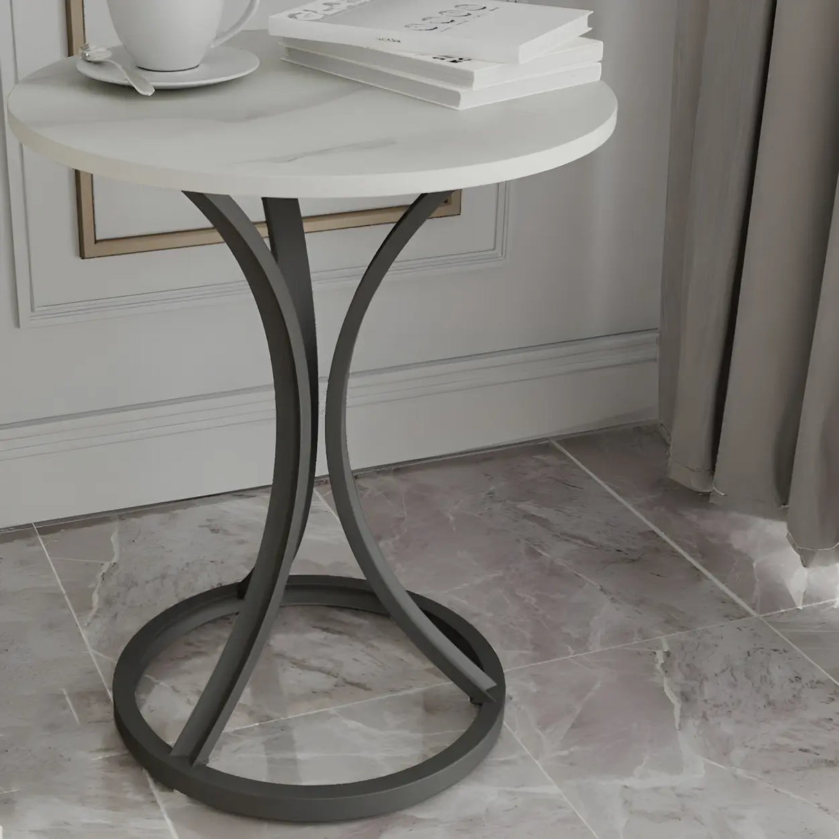 Round Stone Top Gold Metal Standard Height End Table Image - 11
