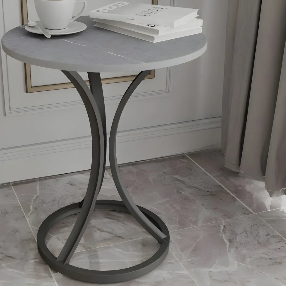 Round Stone Top Gold Metal Standard Height End Table Image - 16