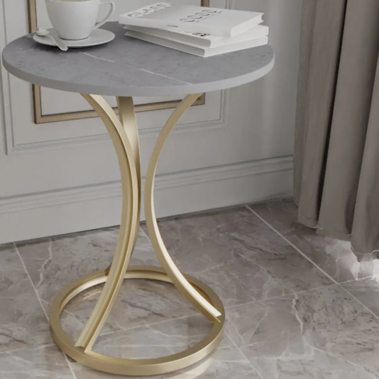 Round Stone Top Gold Metal Standard Height End Table Image - 3