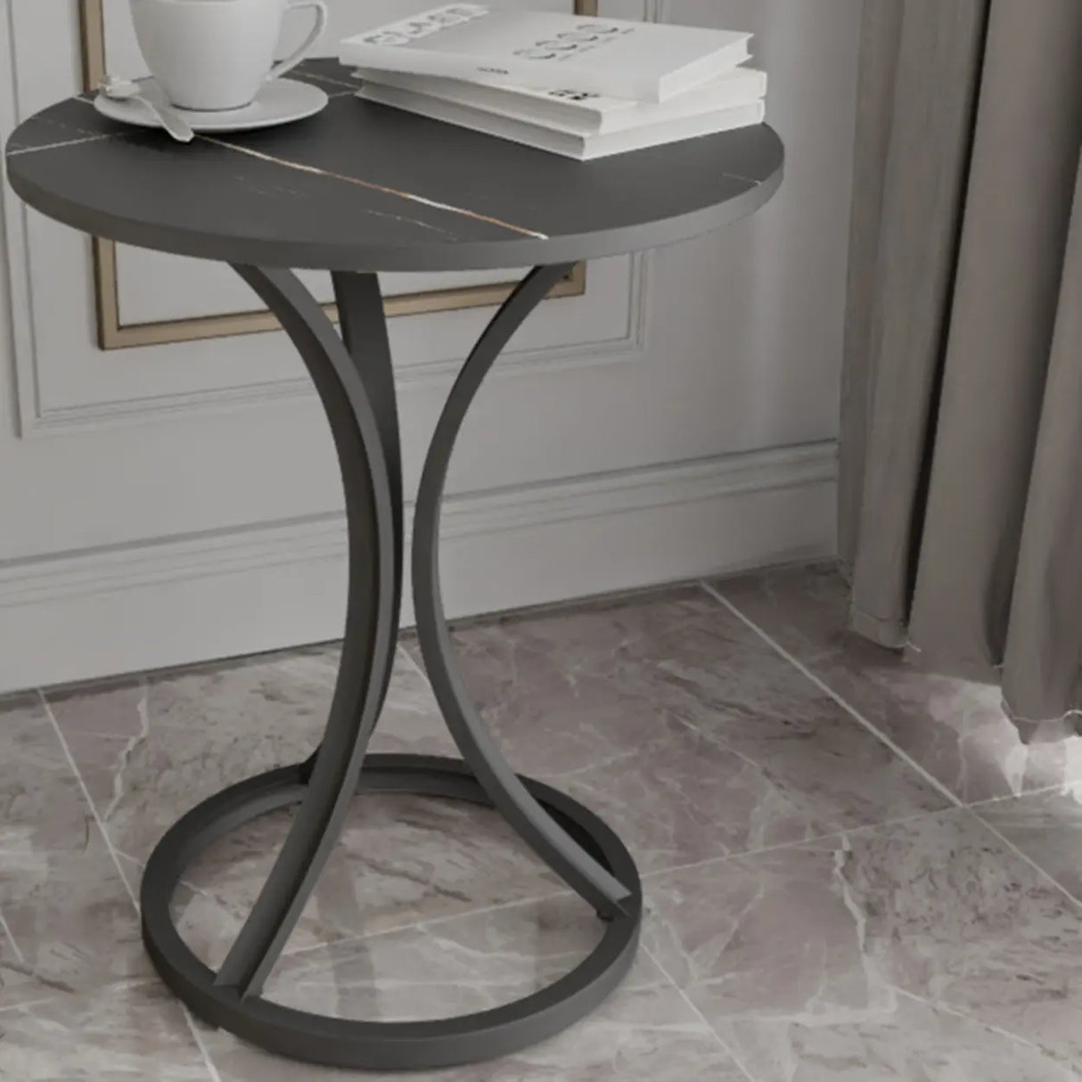 Round Stone Top Gold Metal Standard Height End Table Image - 5
