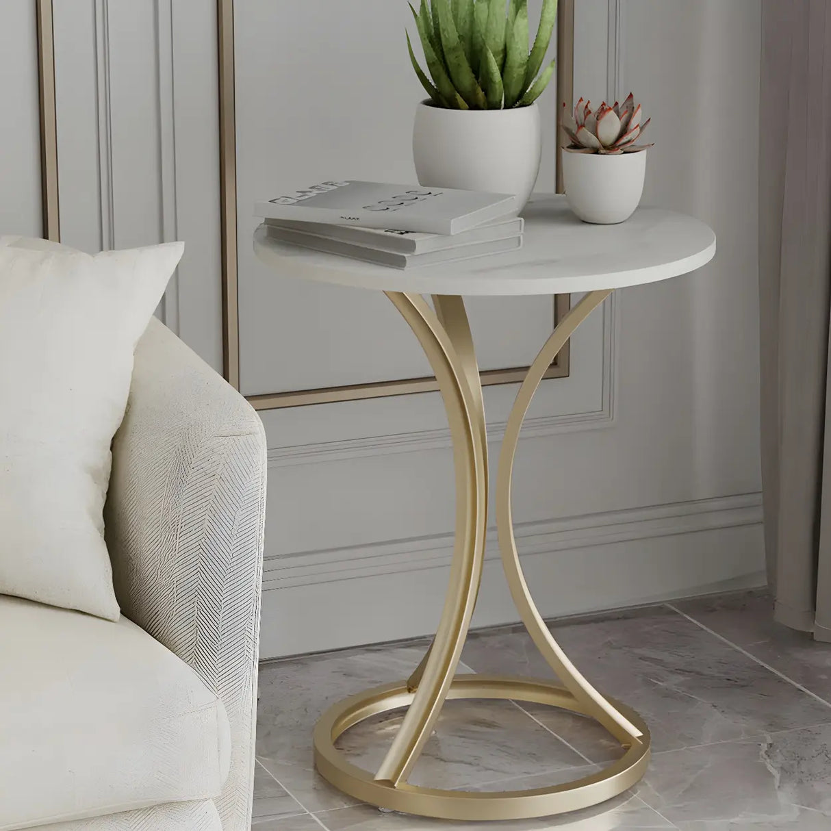 Round Stone Top Gold Metal Standard Height End Table Image - 6