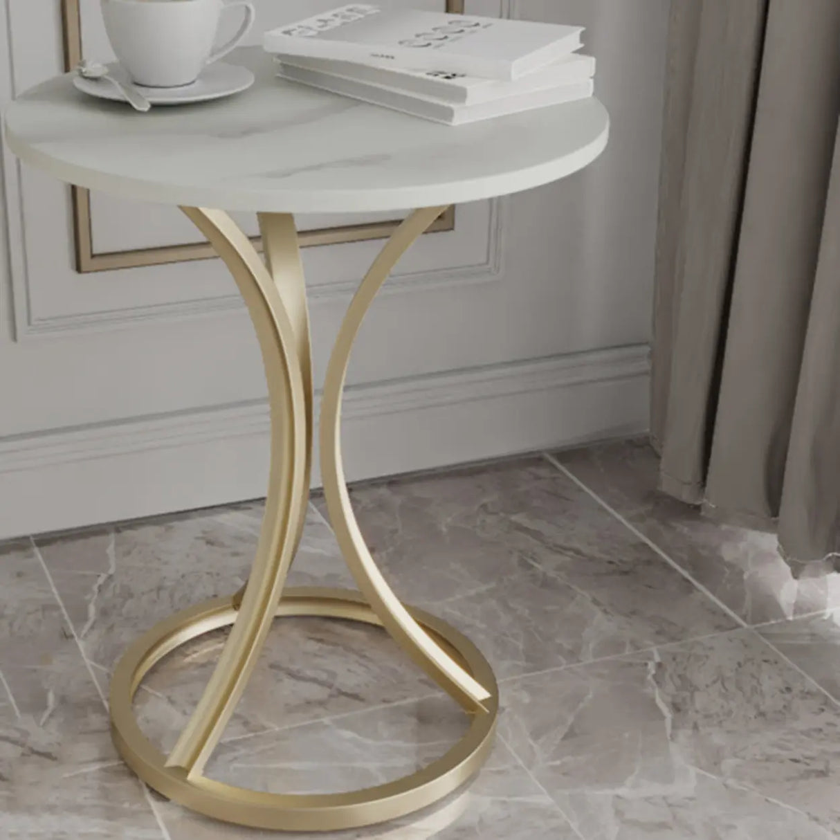 Round Stone Top Gold Metal Standard Height End Table Image - 7