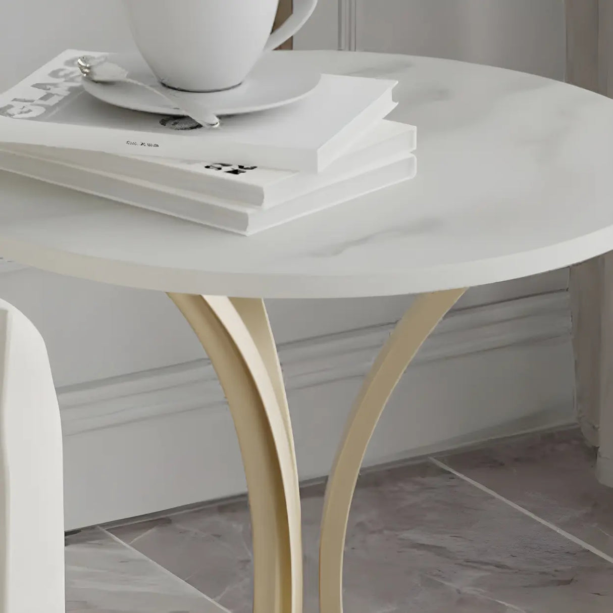 Round Stone Top Gold Metal Standard Height End Table Image - 8