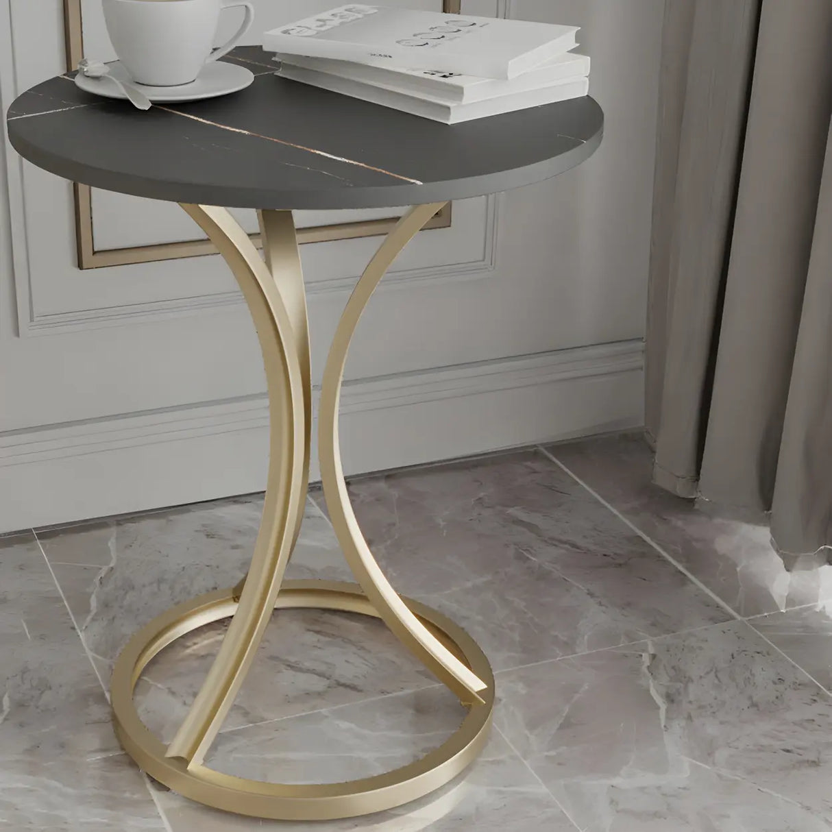 Round Stone Top Gold Metal Standard Height End Table Image - 9