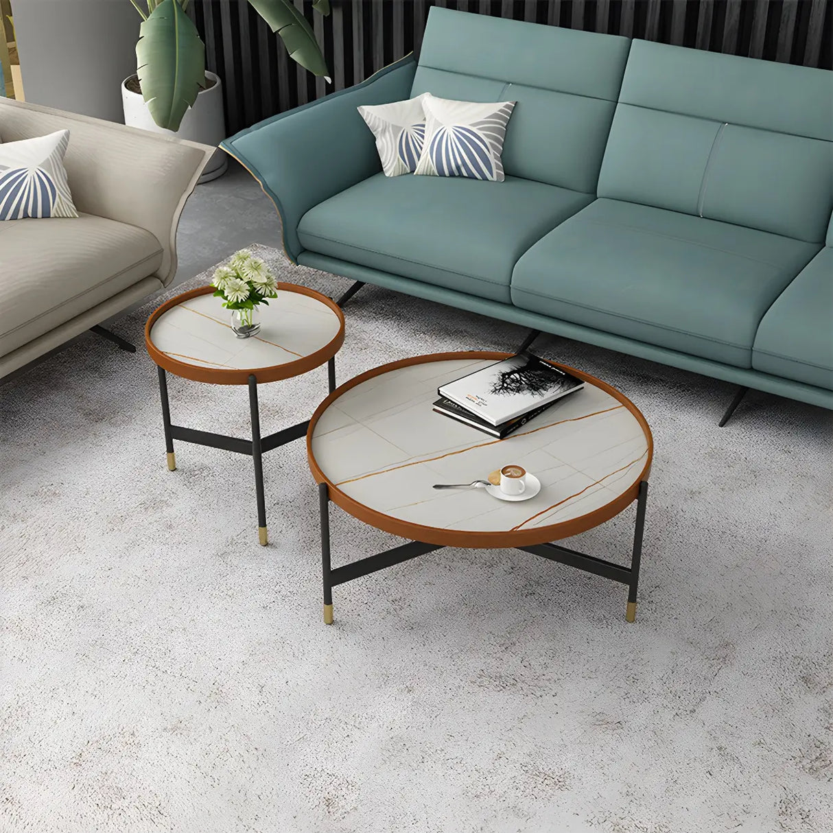 Round Tray Top Stainless Steel Base Coffee Table Set Image - 16