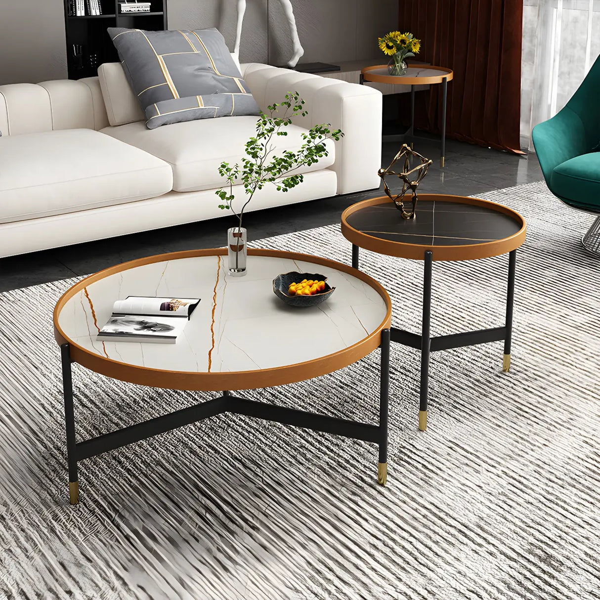 Round Tray Top Stainless Steel Base Coffee Table Set Image - 1