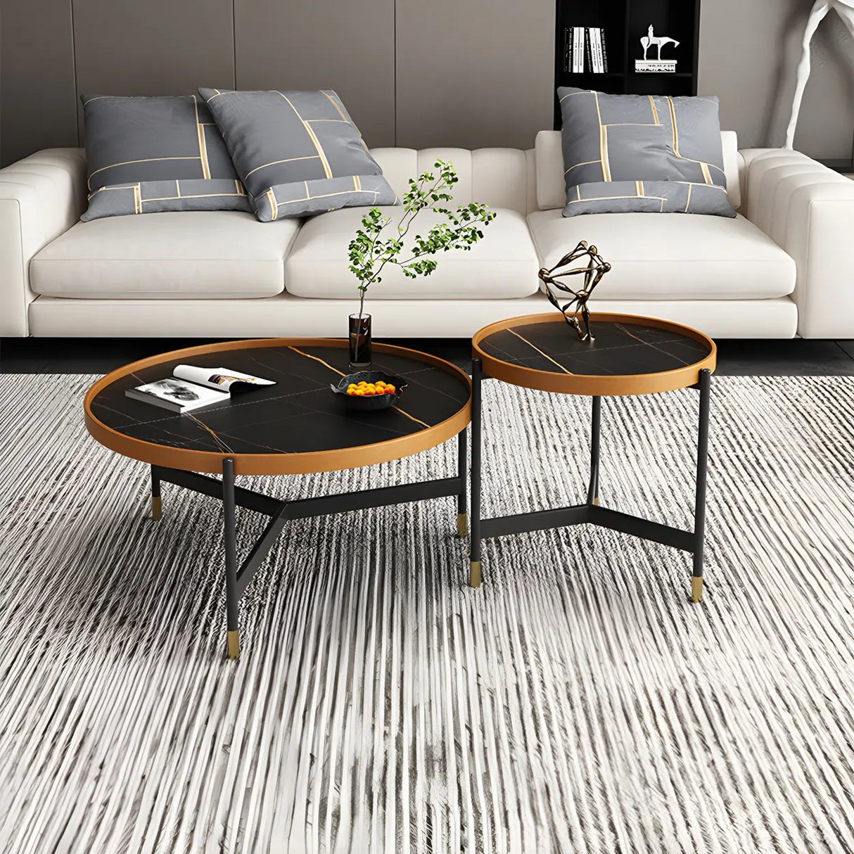 Round Tray Top Stainless Steel Base Coffee Table Set Image - 3