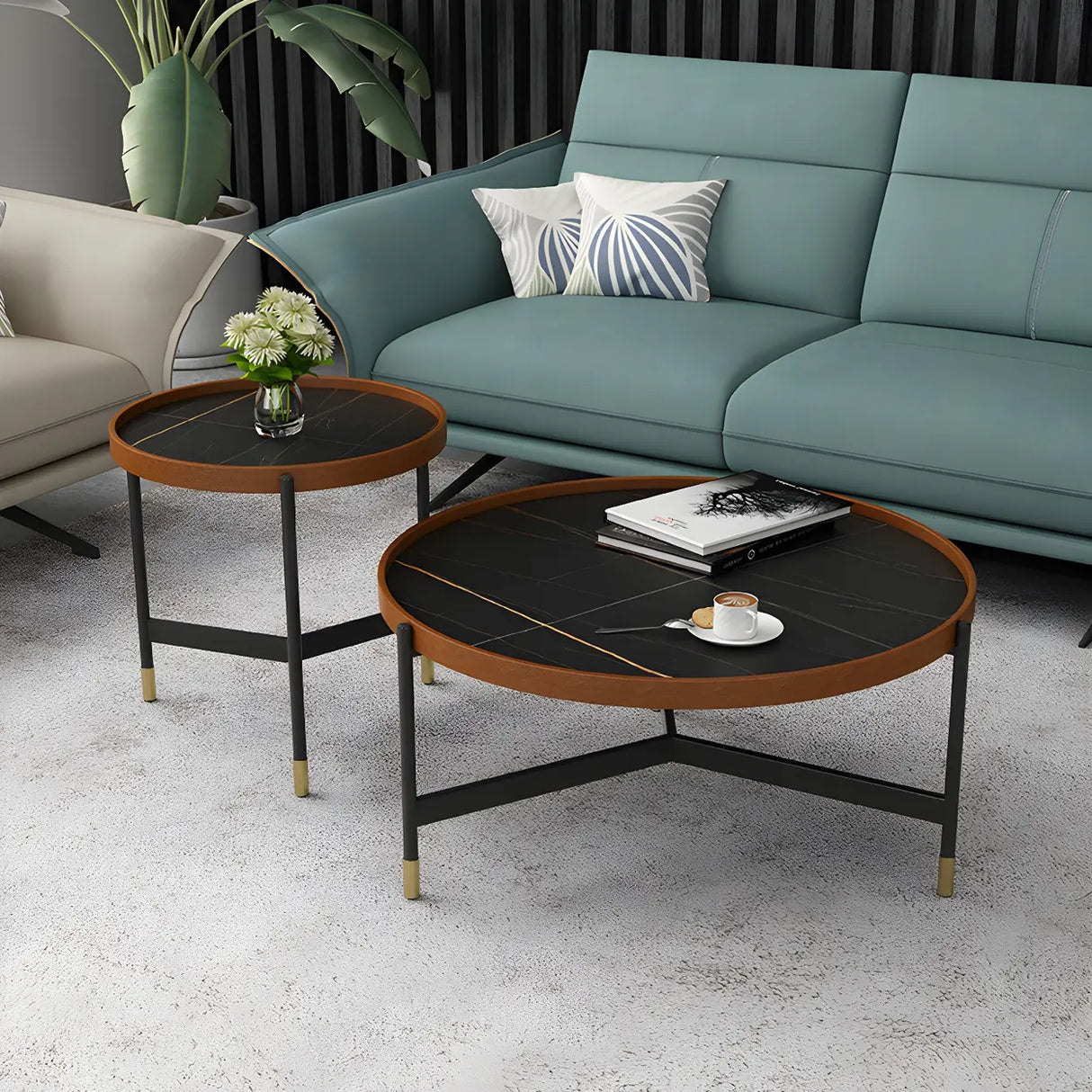 Round Tray Top Stainless Steel Base Coffee Table Set Image - 5