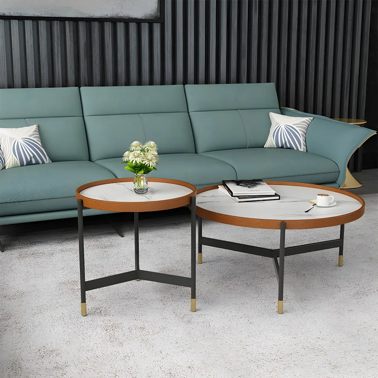 Round Tray Top Stainless Steel Base Coffee Table Set Image - 6