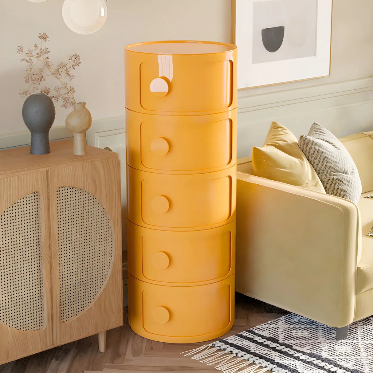 Round White Acrylic Modern Storage Cabinet Nightstand Image - 15