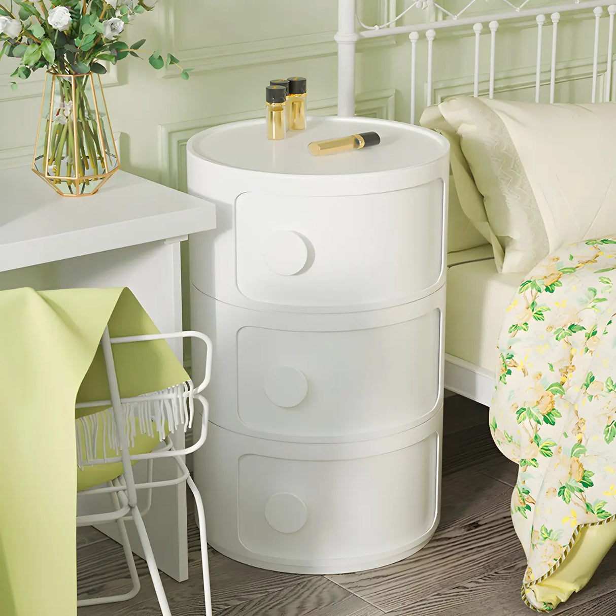 Round White Acrylic Modern Storage Cabinet Nightstand Image - 29