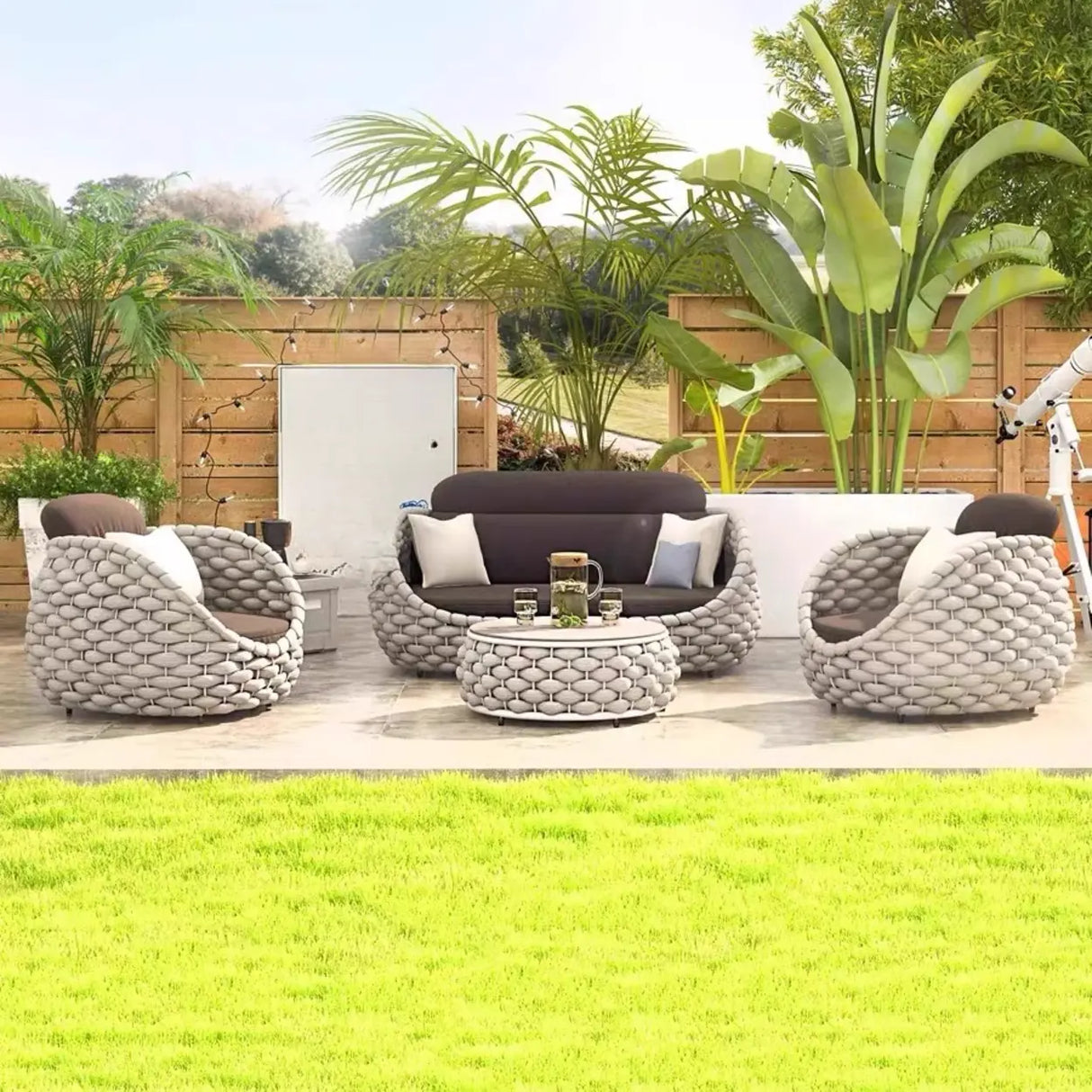 Round Wicker UV Resistant Gray Upholstered Patio Lounge Set Image - 1