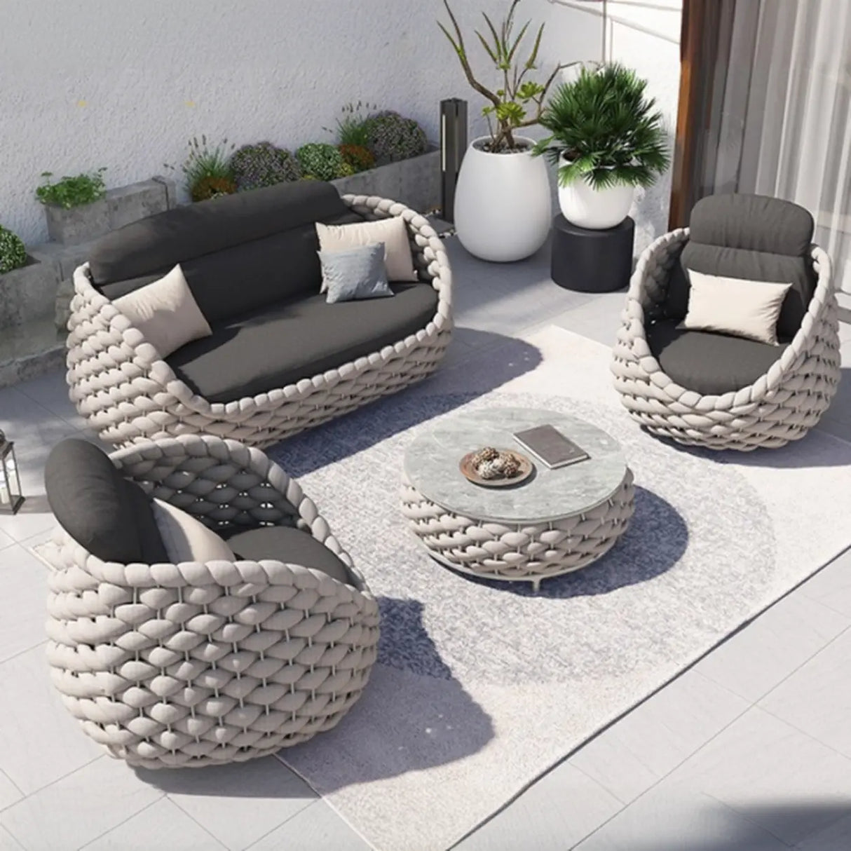 Round Wicker UV Resistant Gray Upholstered Patio Lounge Set Image - 2