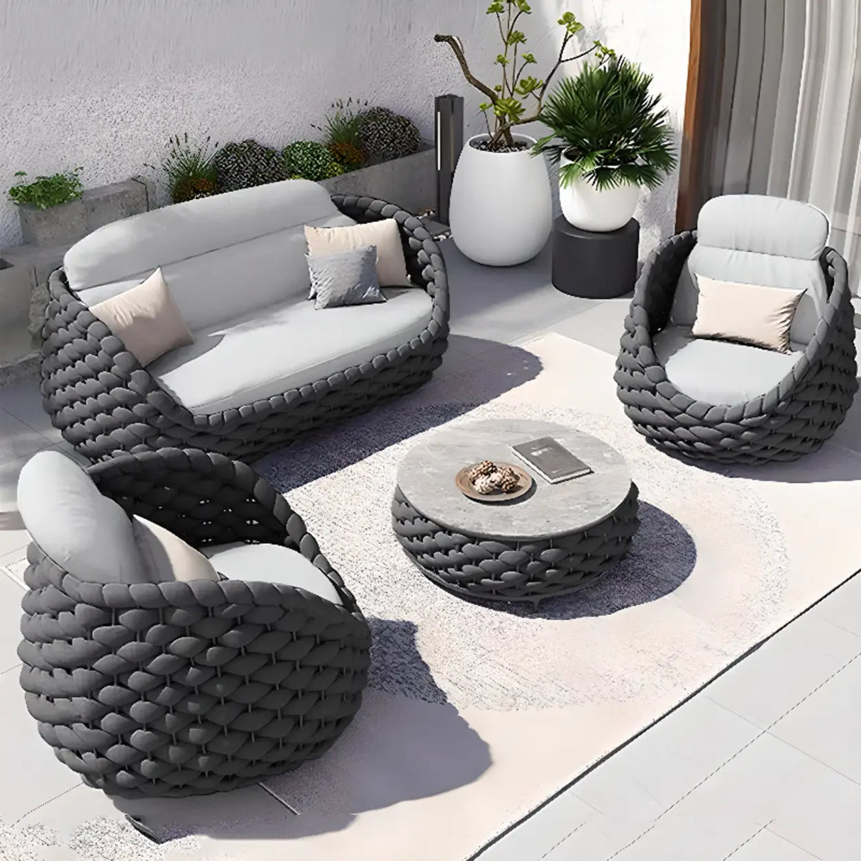 Round Wicker UV Resistant Gray Upholstered Patio Lounge Set Image - 3