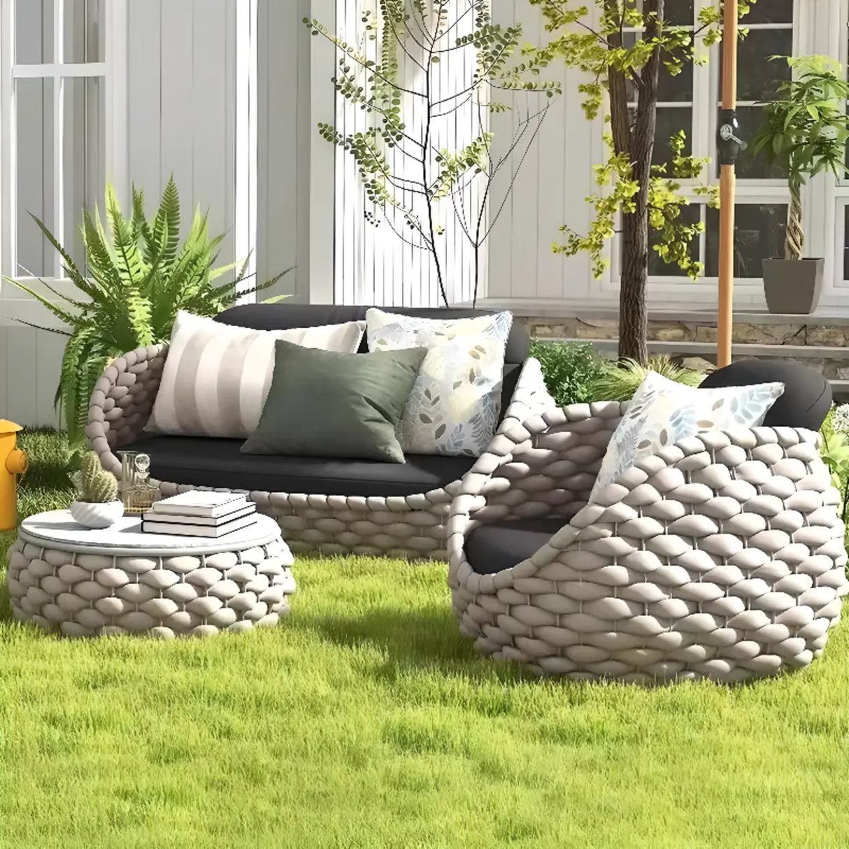 Round Wicker UV Resistant Gray Upholstered Patio Lounge Set Image - 4